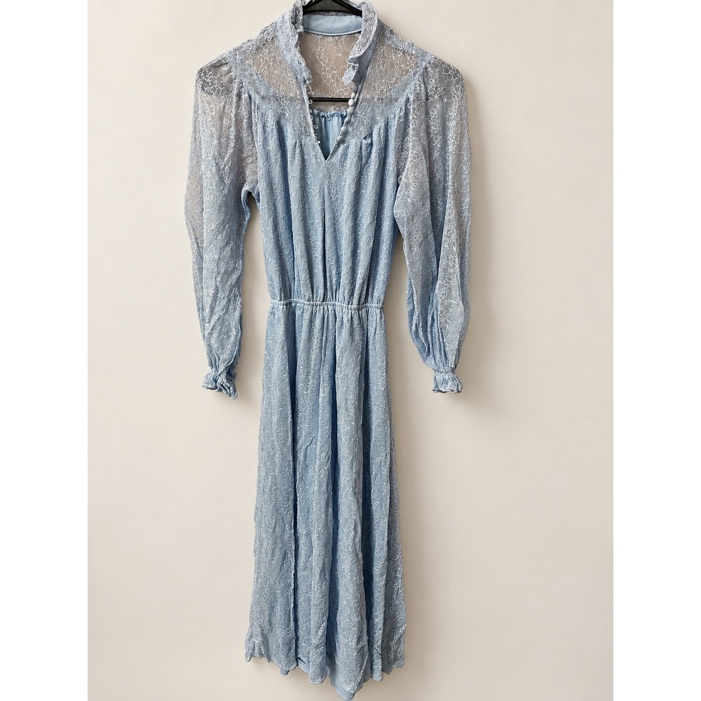 Vintage ILGWU Lace Midi Dress Womens 7/8 Blue Long Sleeve Cottagecore 70s